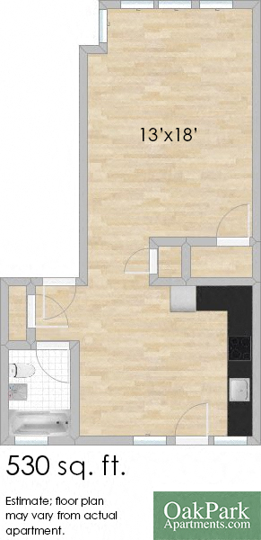 Floor plan for studio, 1 bath, 530 sqft