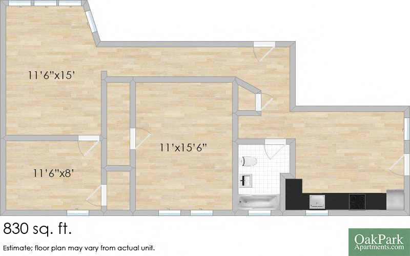 Floor plan for 2 beds, 1 bath, 780 sqft