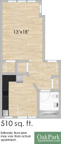 Floor plan for studio, 1 bath, 509 sqft