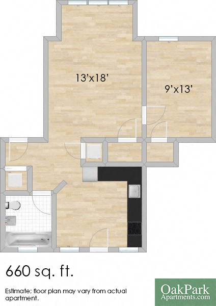 Floor plan for 1 bed, 1 bath, 660 sqft