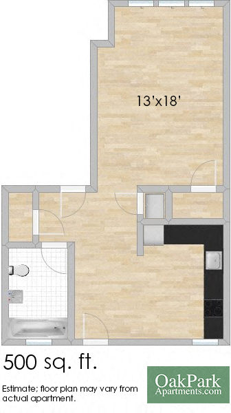 Floor plan for studio, 1 bath, 500 sqft