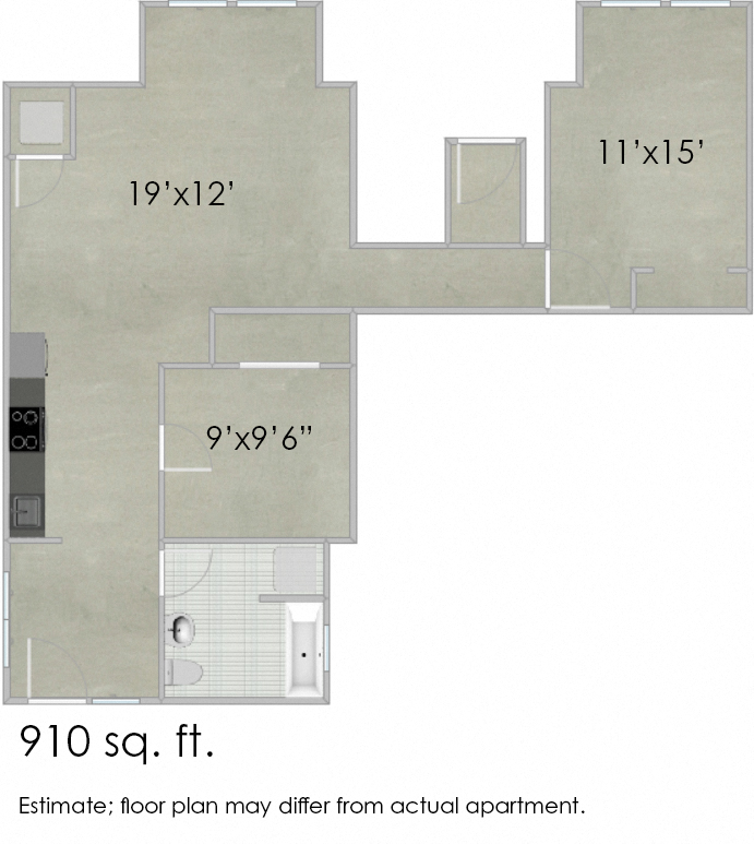 Floor plan for 2 beds, 1 bath, 916 sqft