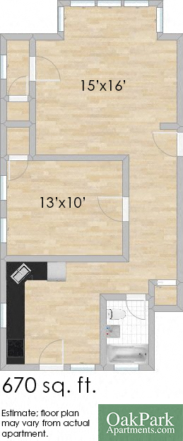 Floor plan for 1 bed, 1 bath, 677 sqft
