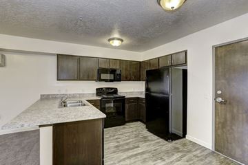 Nampa apartment for rent - a kitchen with a black refrigerator and a sink