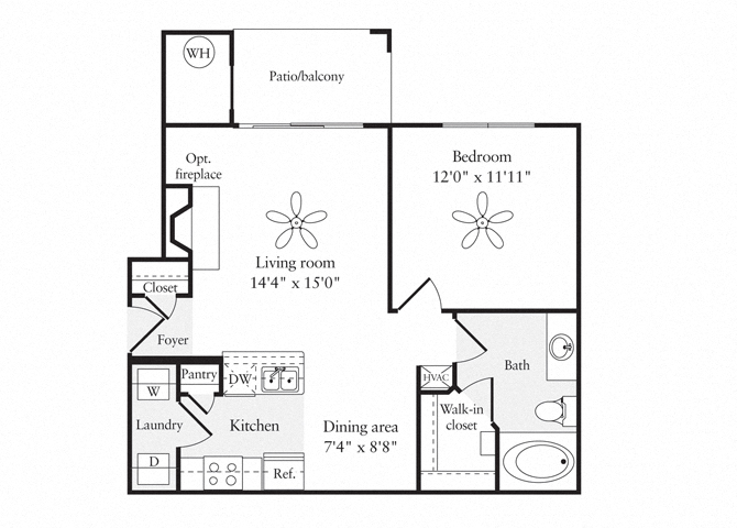 Floor plan for 1 bed, 1 bath, 813 sqft