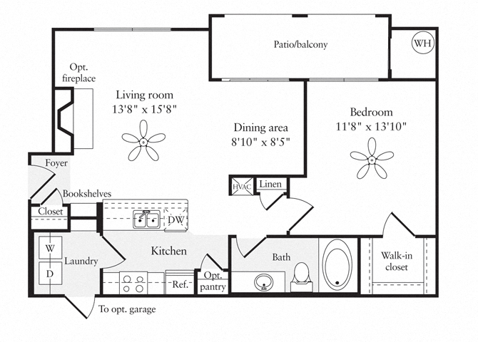 Floor plan for 1 bed, 1 bath, 842 sqft