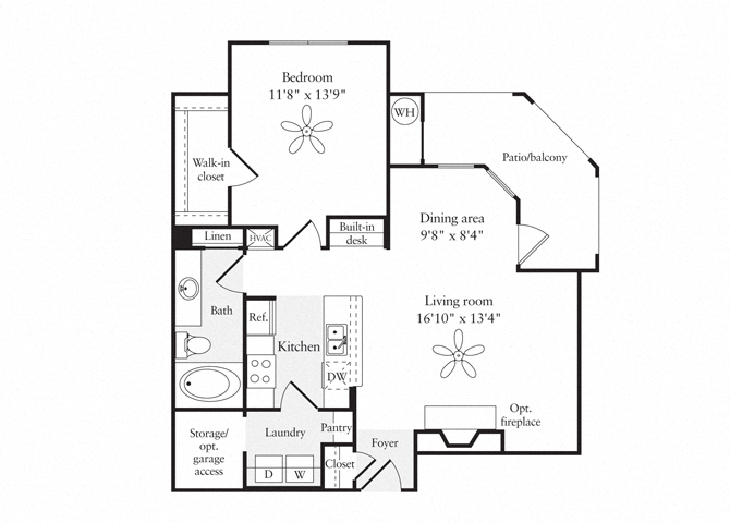 Floor plan for 1 bed, 1 bath, 842 sqft