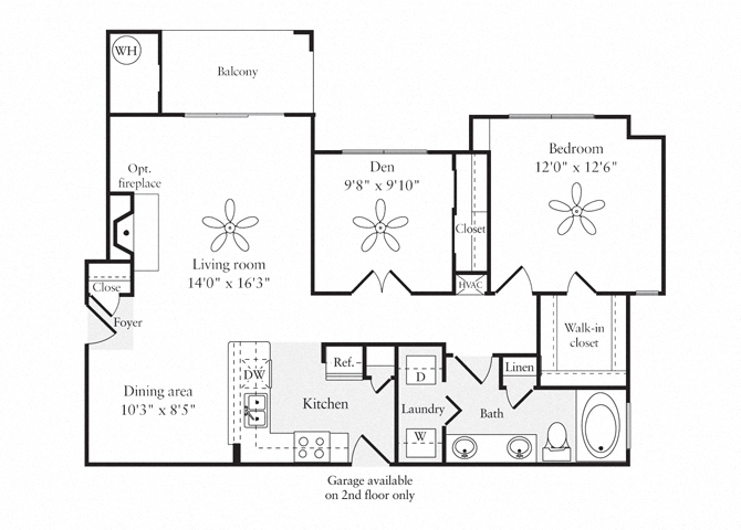 Floor plan for 1 bed, 1 bath, 1016 sqft