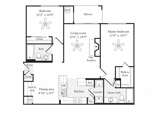 Floor plan for 2 beds, 2 baths, 1114 sqft