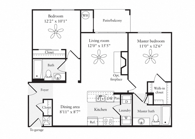 Floor plan for 2 beds, 2 baths, 1084 sqft