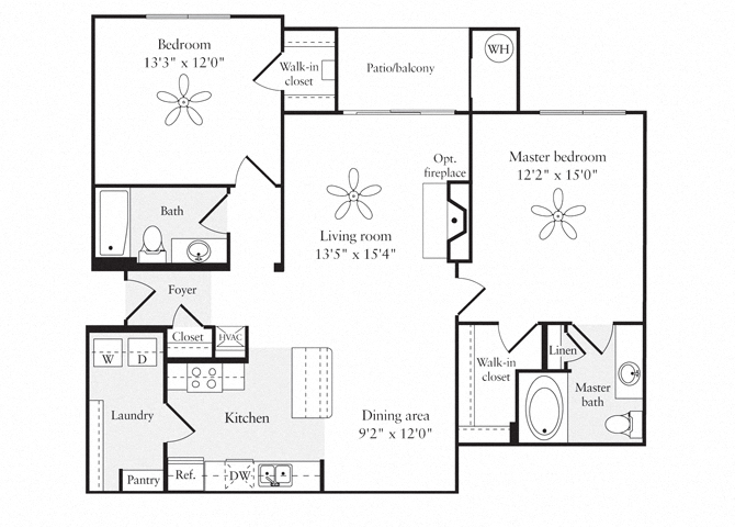 Floor plan for 2 beds, 2 baths, 1177 sqft