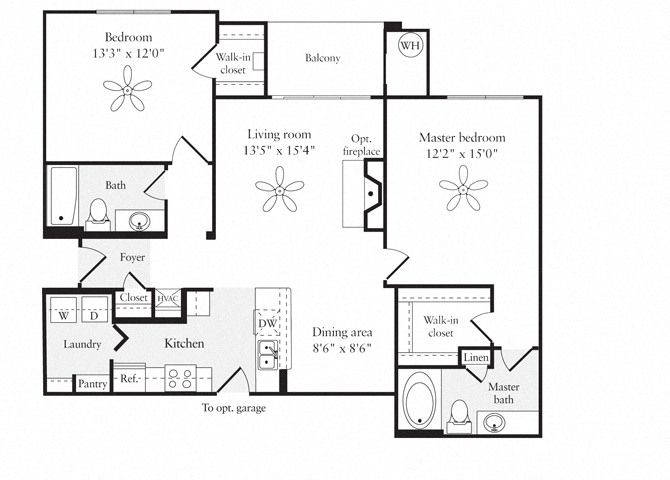 Floor plan for 2 beds, 2 baths, 1124 sqft