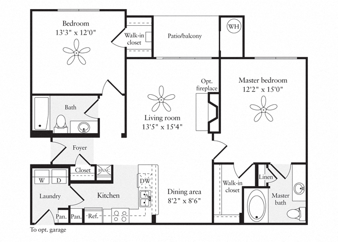 Floor plan for 2 beds, 2 baths, 989 sqft