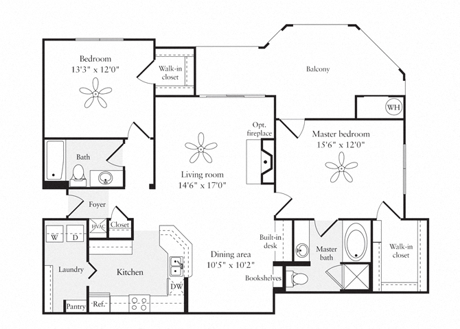 Floor plan for 2 beds, 2 baths, 1278 sqft