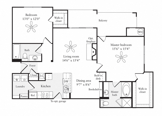 Floor plan for 2 beds, 2 baths, 1243 sqft