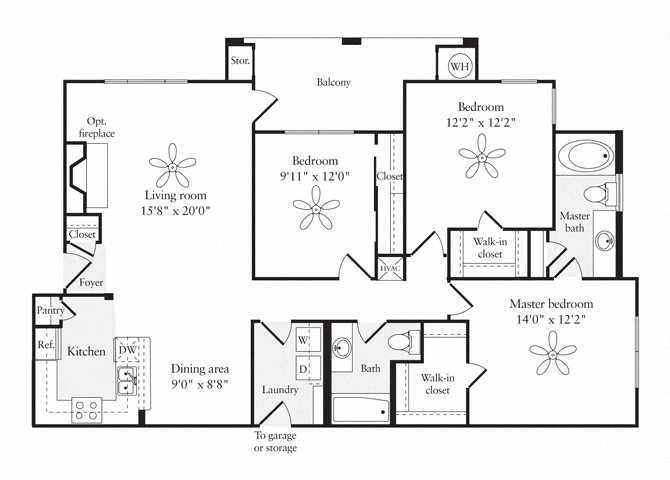 Floor plan for 3 beds, 2 baths, 1415 sqft