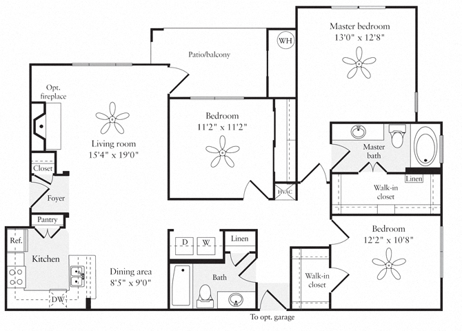 Floor plan for 3 beds, 2 baths, 1415 sqft