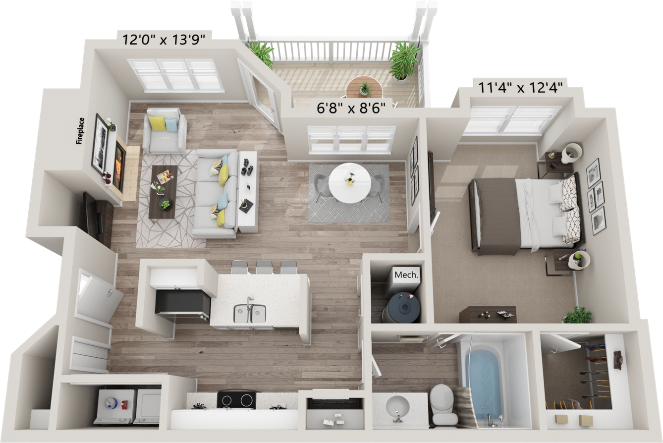 Floor plan for 1 bed, 1 bath, 736 sqft