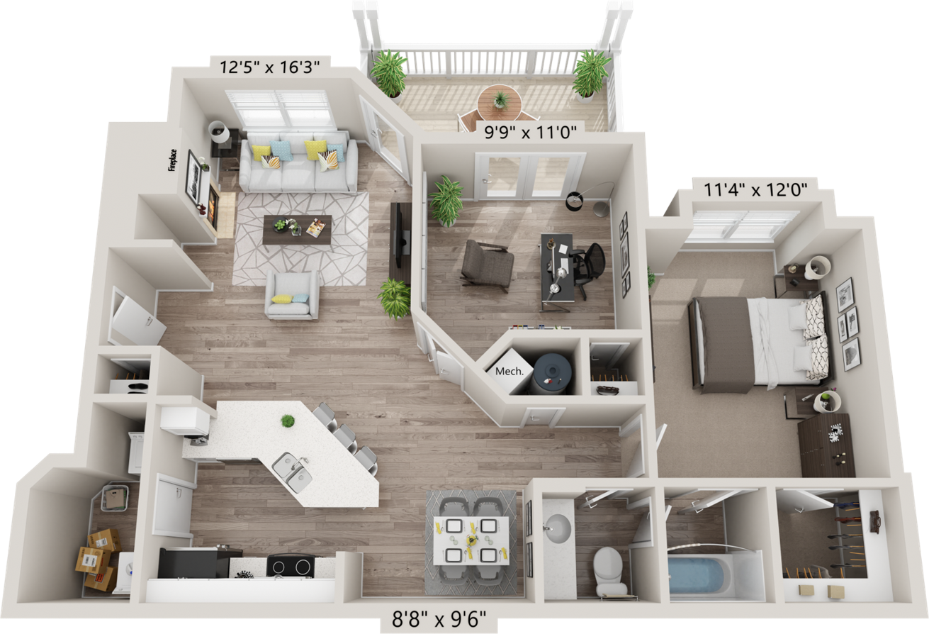 Floor plan for 1 bed, 1 bath, 933 sqft