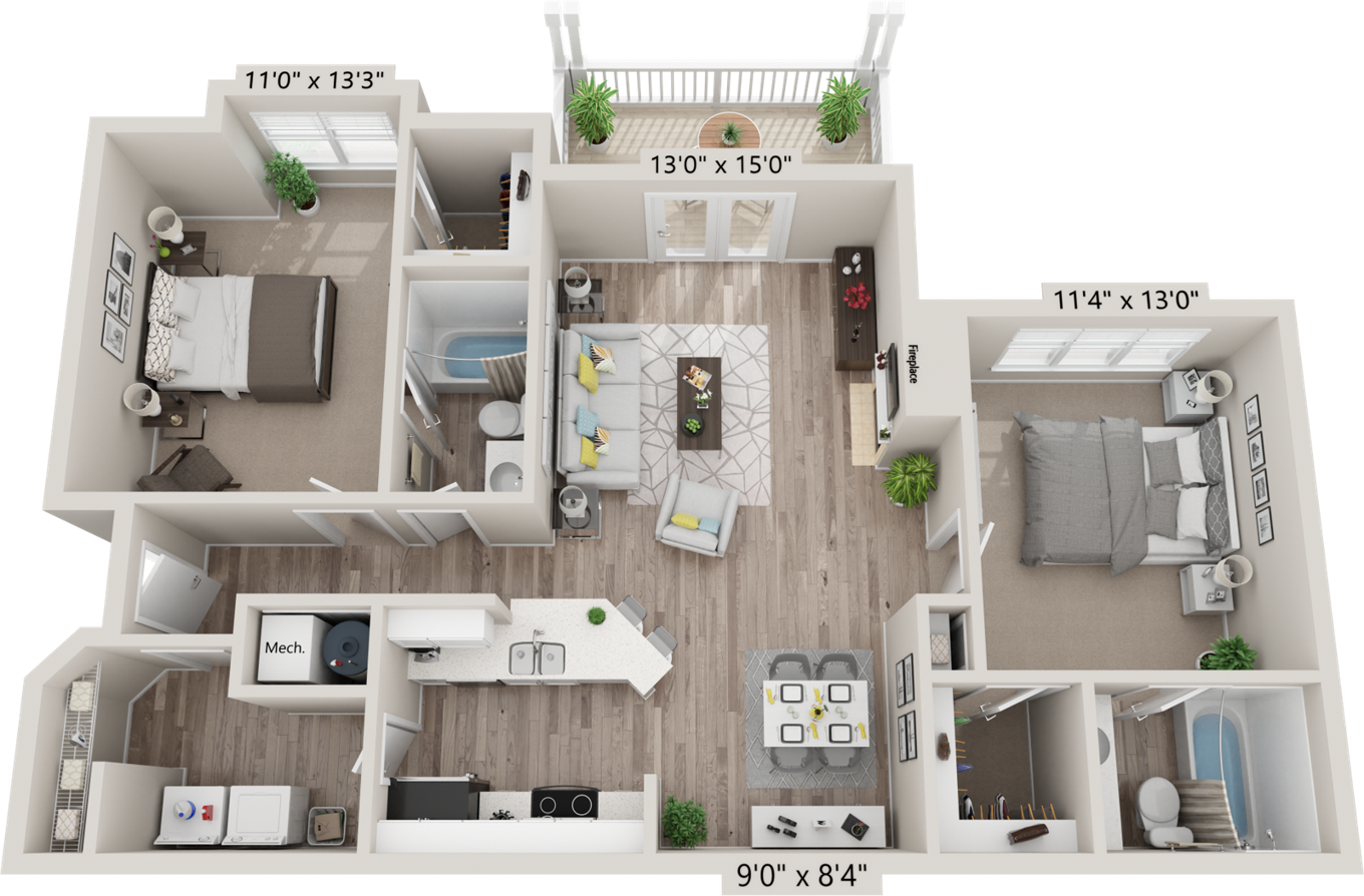 Floor plan for 2 beds, 2 baths, 1026 sqft