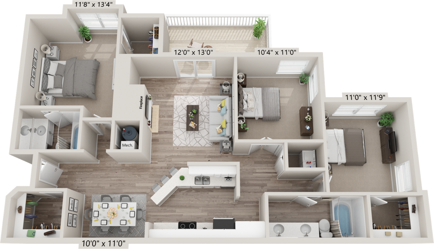 Floor plan for 2 beds, 2 baths, 1276 sqft