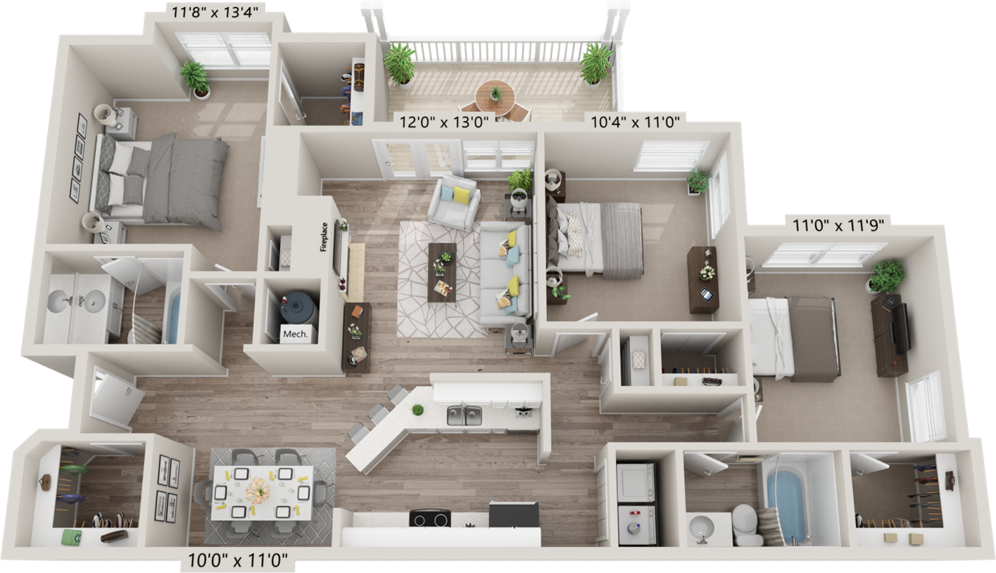 Floor plan for 3 beds, 2 baths, 1276 sqft
