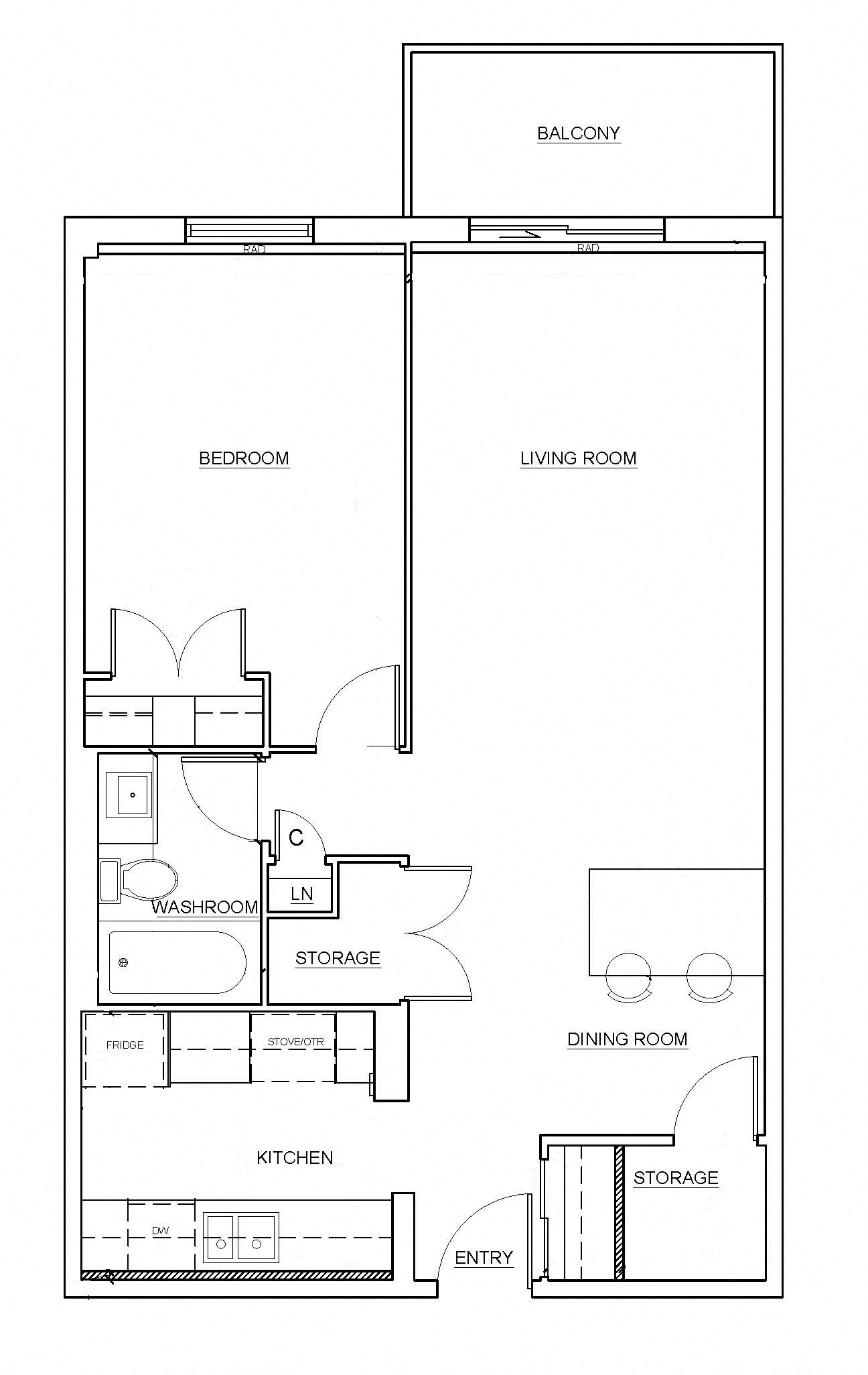 Floor plan for 1 bed, 1 bath, 652 sqft