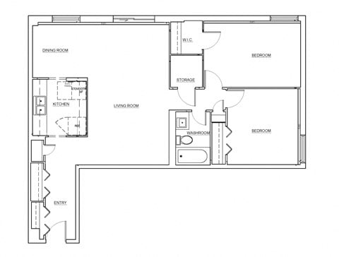 Floor plan for 2 beds, 1 bath, 870 sqft