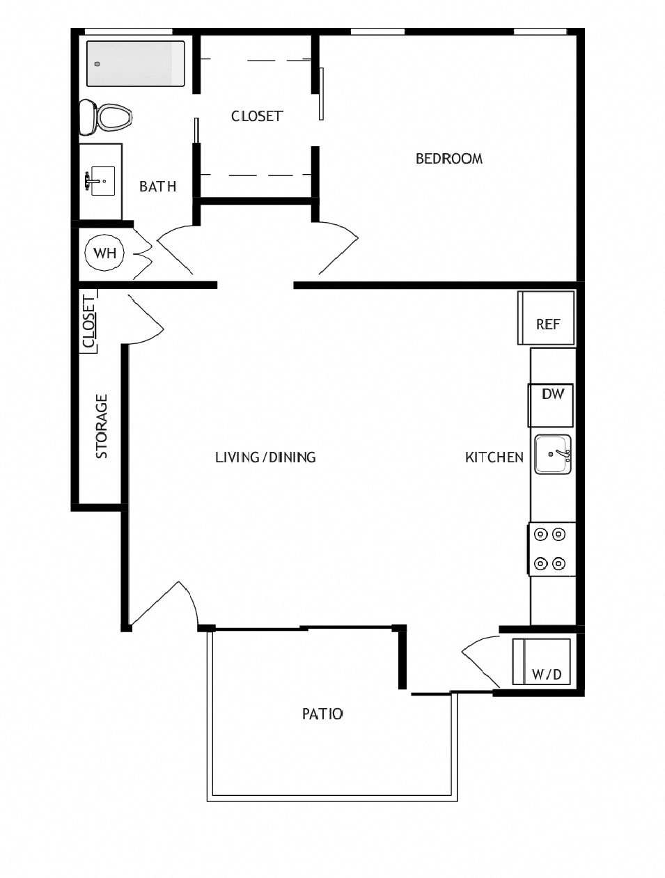 Floor plan for 1 bed, 1 bath, 620 sqft