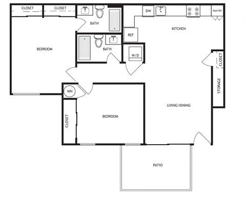 Floor plan for 2 beds, 2 baths, 1000 sqft
