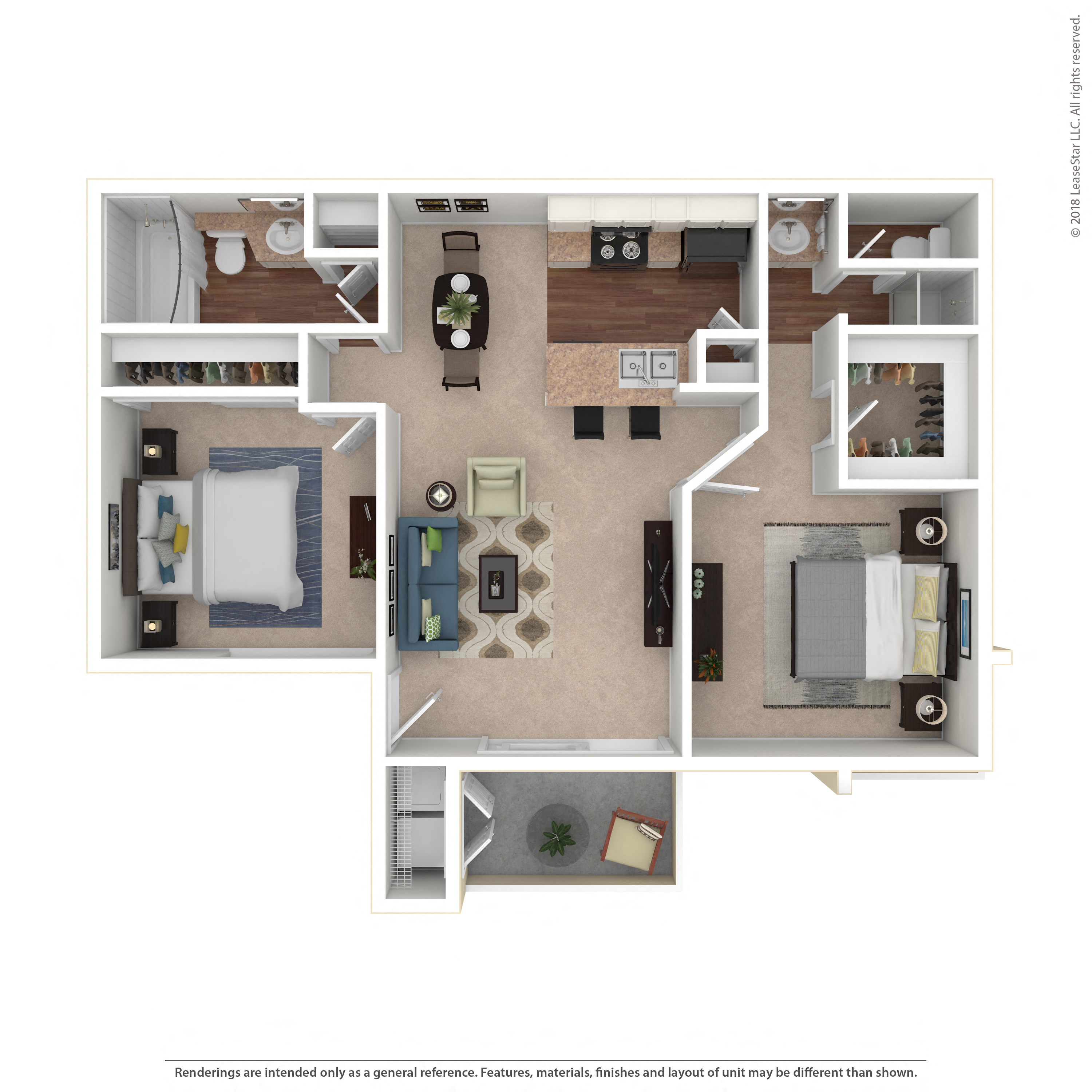 Floor plan for 2 beds, 2 baths, 860 sqft