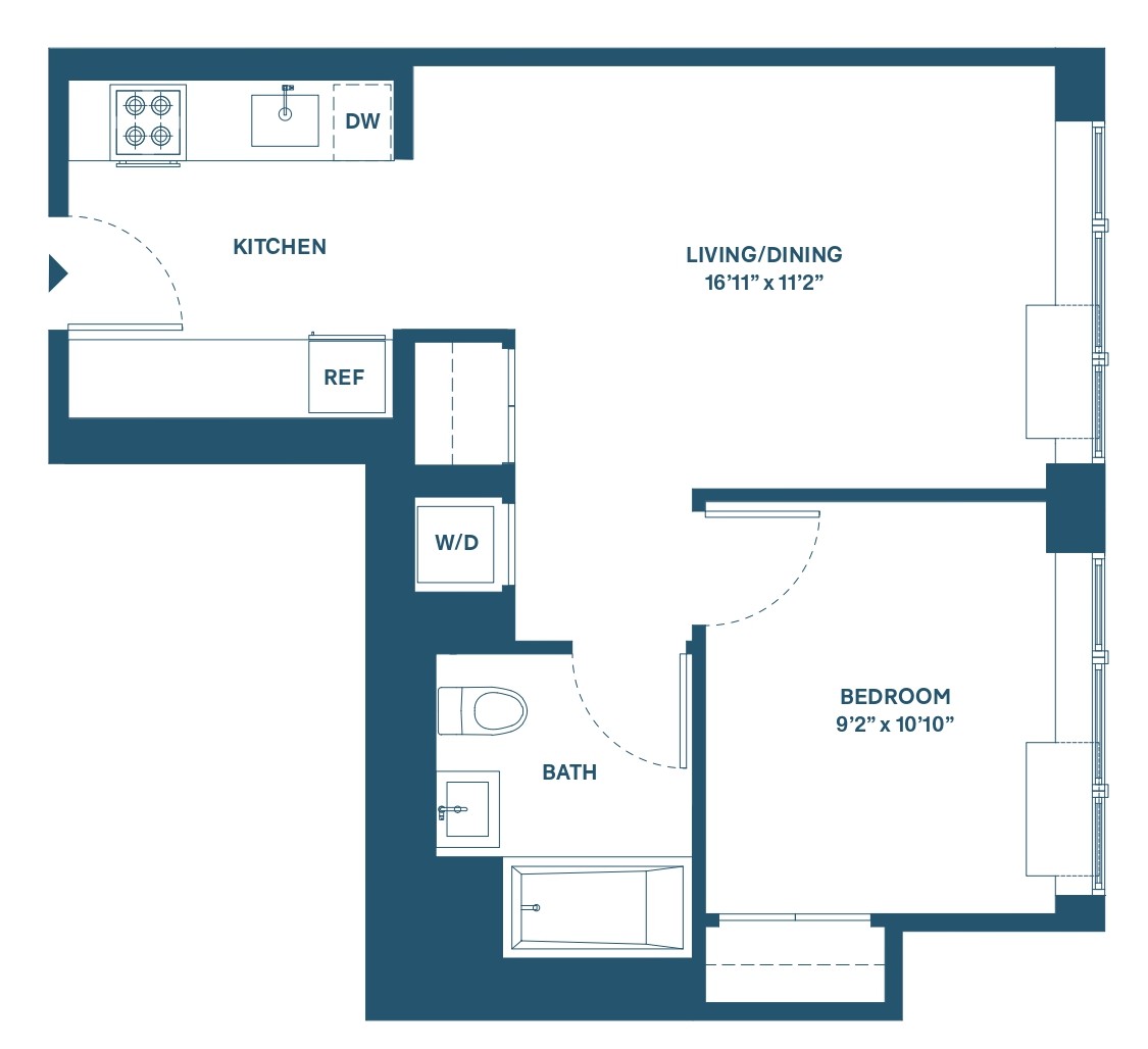Floor plan for 1 bed, 1 bath, 540 sqft