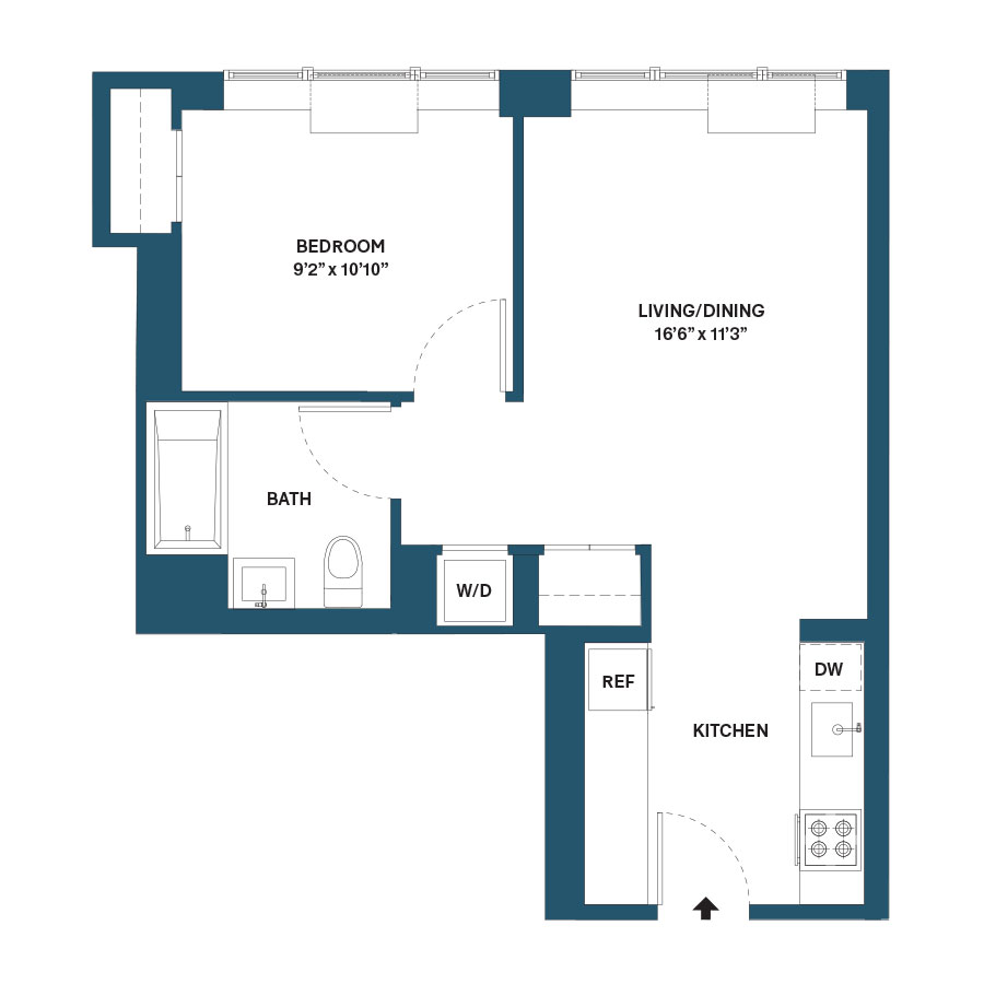 Floor plan for 1 bed, 1 bath, 546 sqft