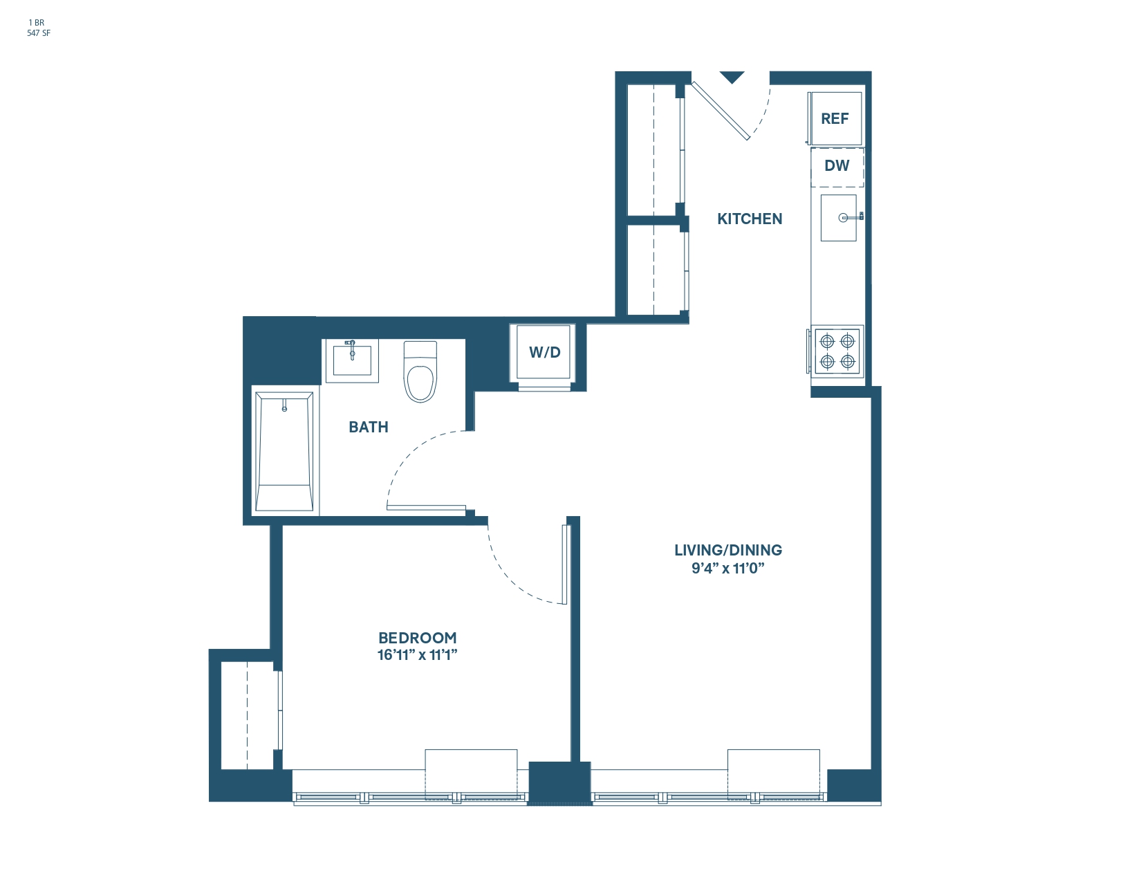 Floor plan for 1 bed, 1 bath, 547 sqft