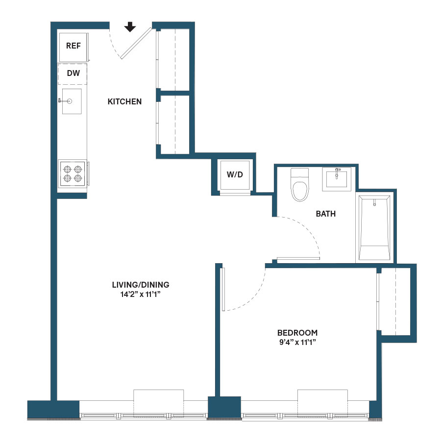 Floor plan for 1 bed, 1 bath, 549 sqft