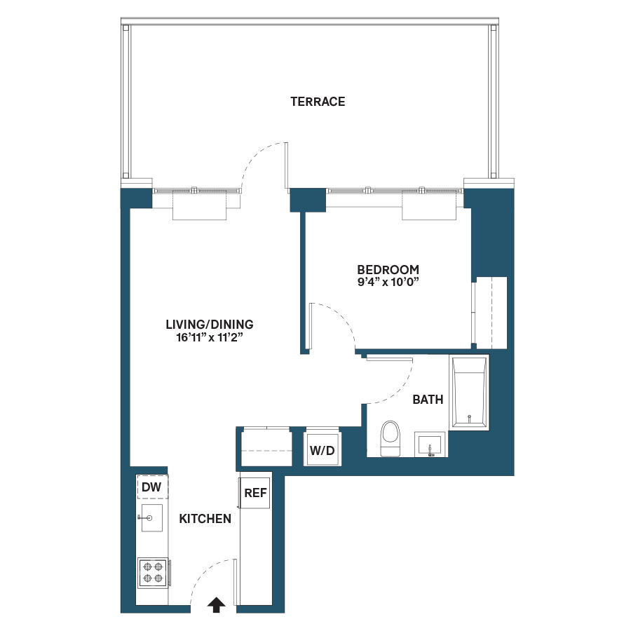 Floor plan for 1 bed, 1 bath