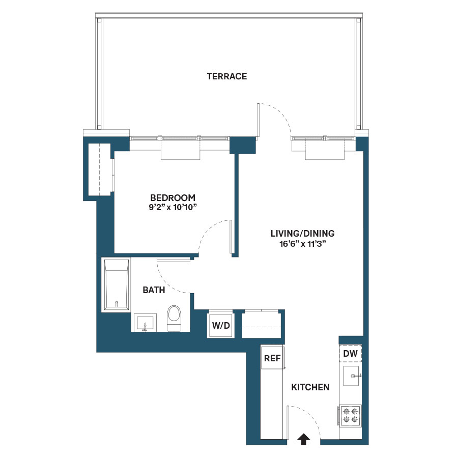 Floor plan for 1 bed, 1 bath, 557 sqft