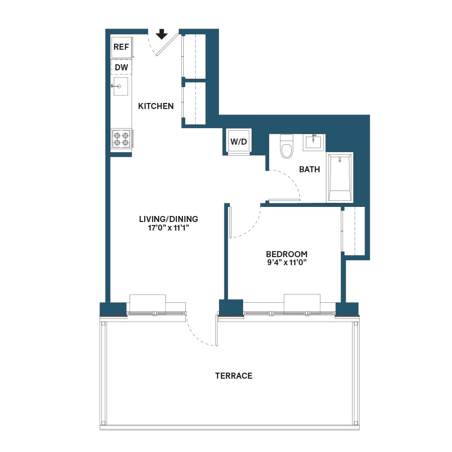Floor plan for 1 bed, 1 bath, 560 sqft