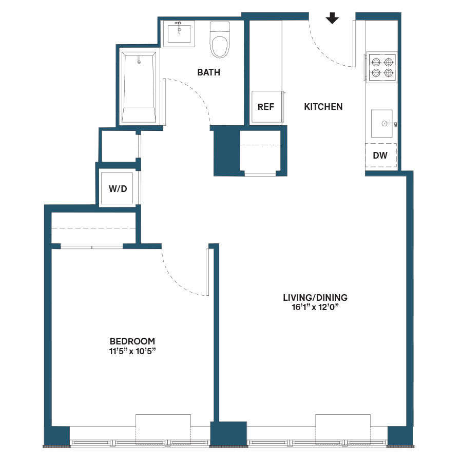 Floor plan for 1 bed, 1 bath, 596 sqft