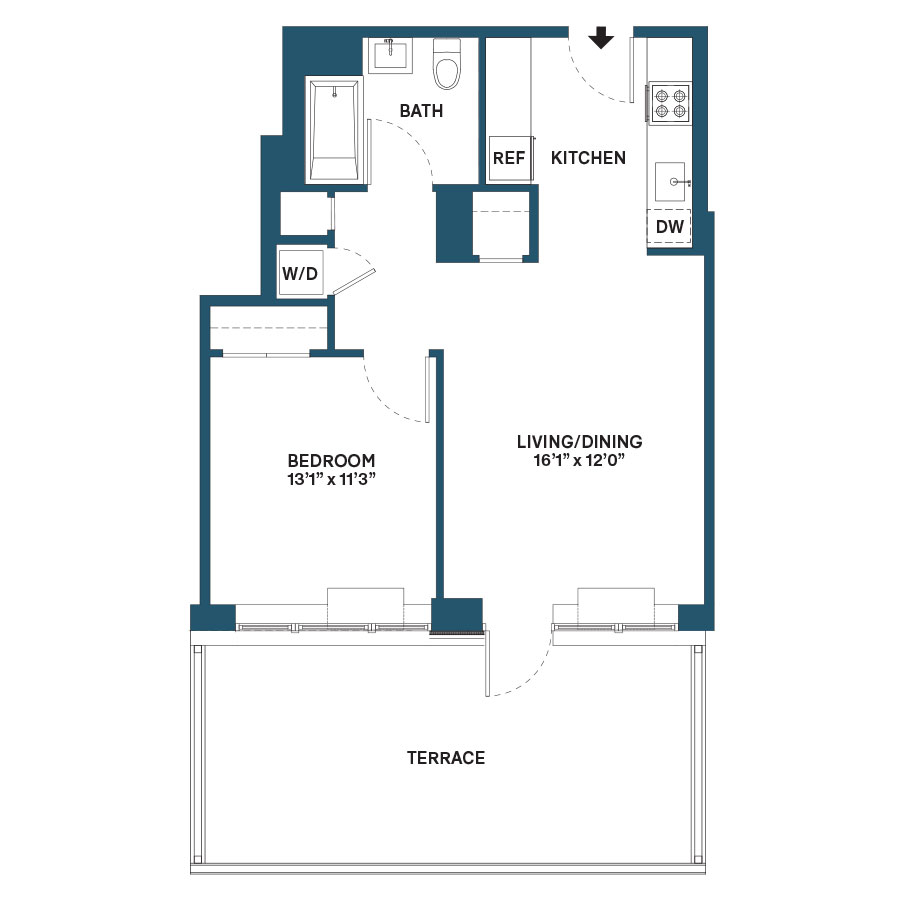 Floor plan for 1 bed, 1 bath