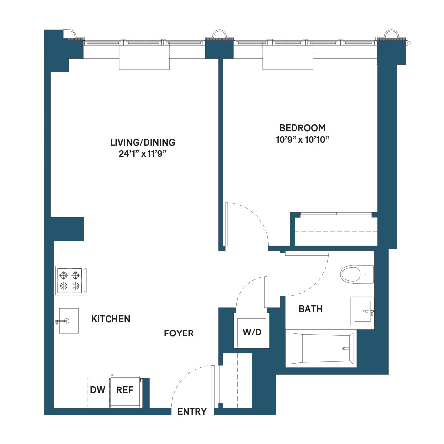 Floor plan for 1 bed, 1 bath, 595 sqft