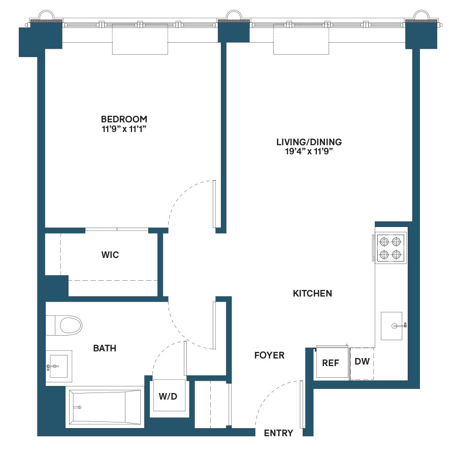 Floor plan for 1 bed, 1 bath, 605 sqft