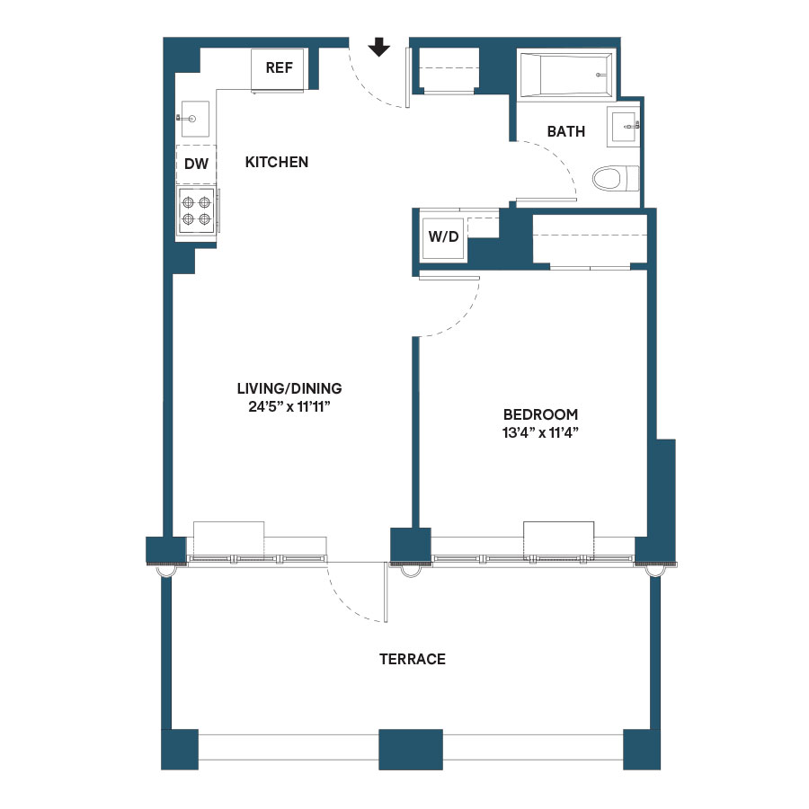 Floor plan for 1 bed, 1 bath, 632 sqft