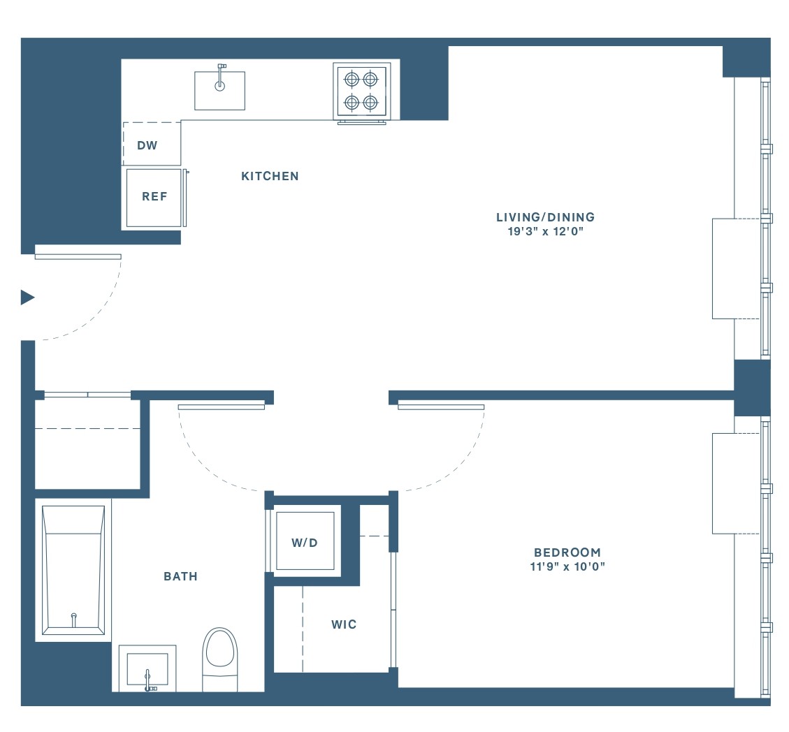 Floor plan for 1 bed, 1 bath, 589 sqft