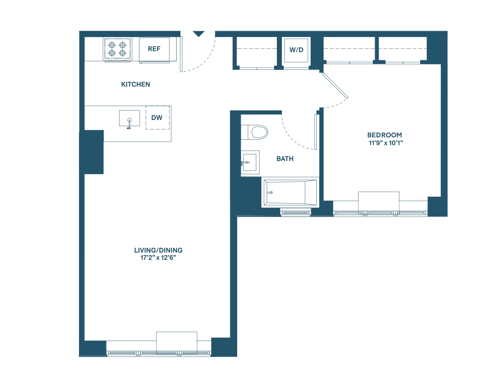 Floor plan for 1 bed, 1 bath, 650 sqft