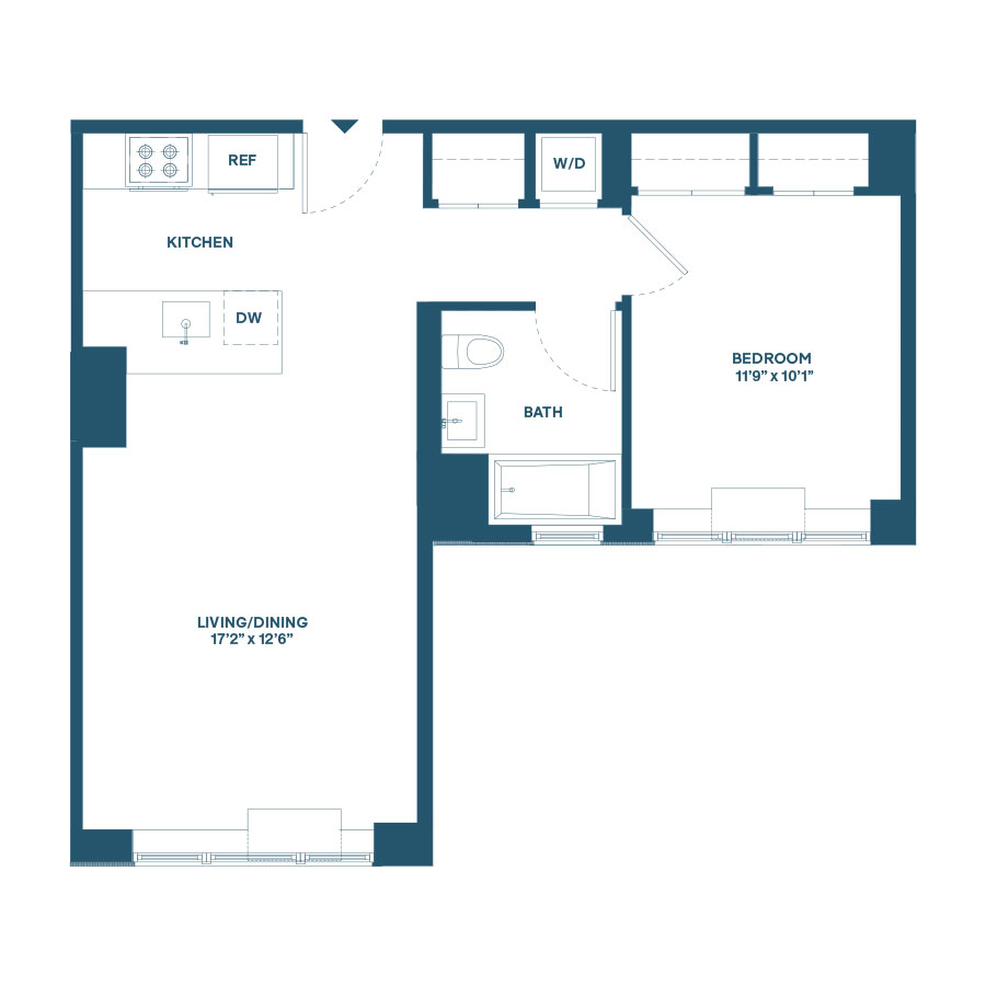 Floor plan for 1 bed, 1 bath, 652 sqft