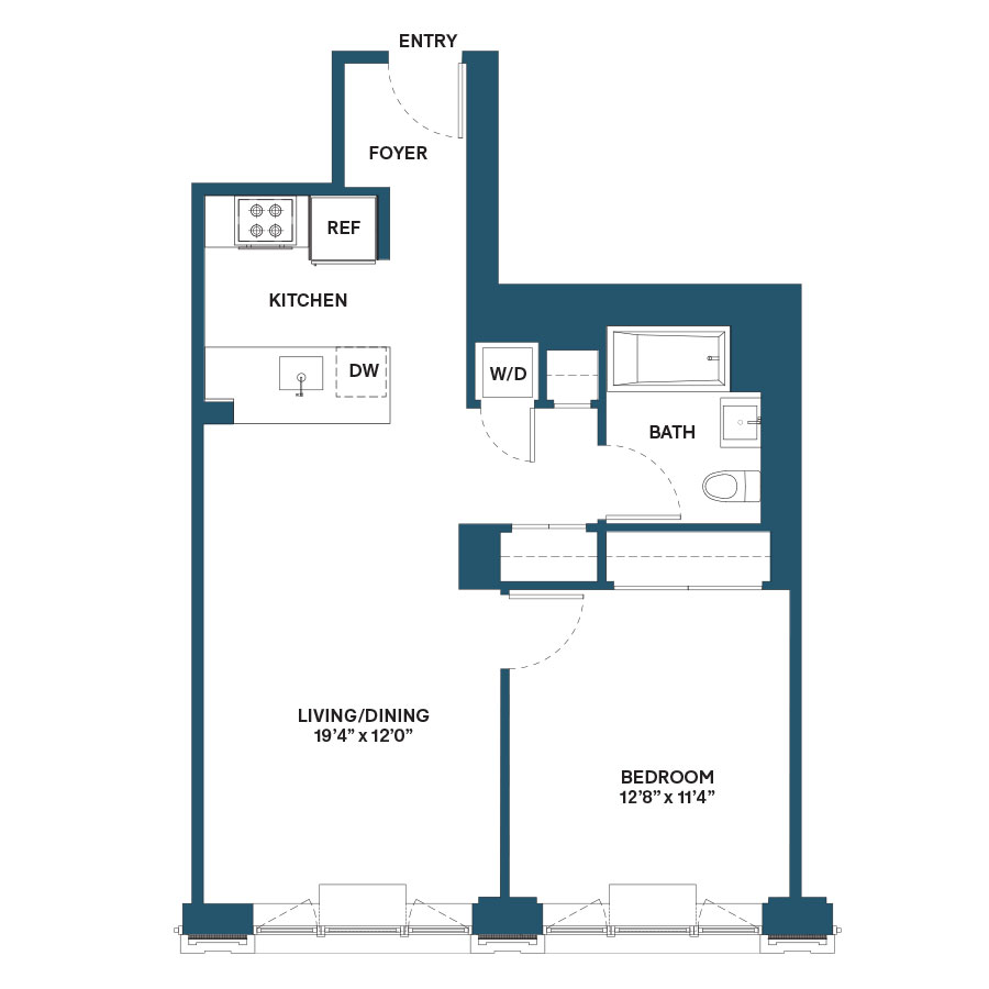 Floor plan for 1 bed, 1 bath, 719 sqft