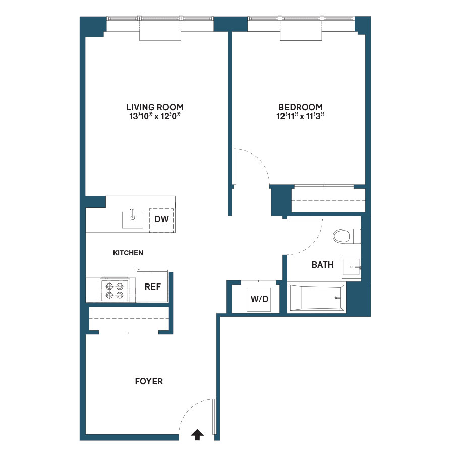 Floor plan for 1 bed, 1 bath, 751 sqft