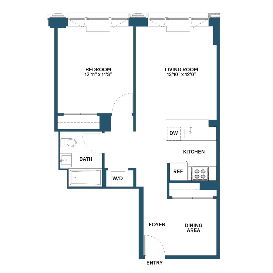Floor plan for 1 bed, 1 bath