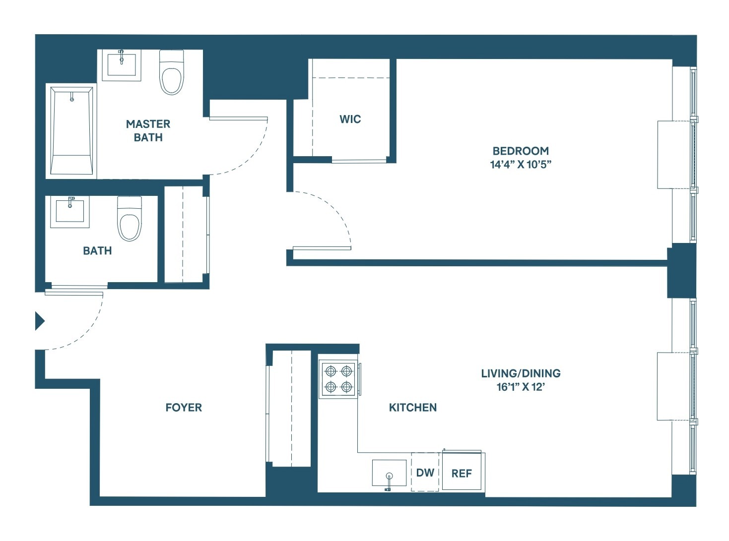 Floor plan for 1 bed, 1.5 baths, 786 sqft